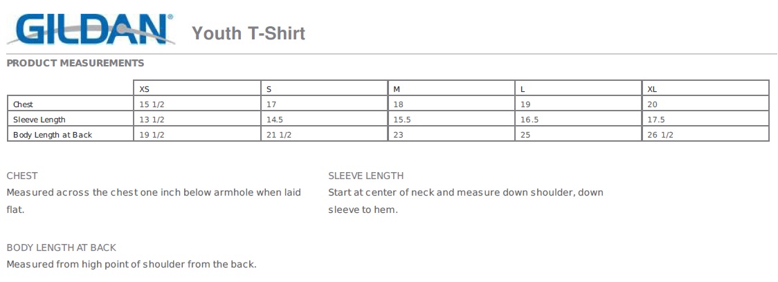 gildan xs youth size chart